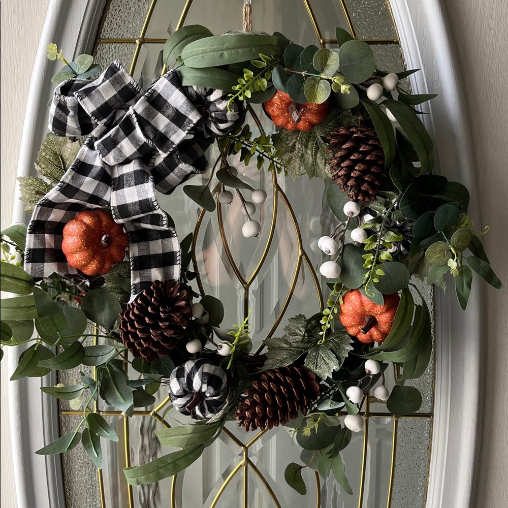 Festive Autumn Wreath with Pumpkins and Pinecones